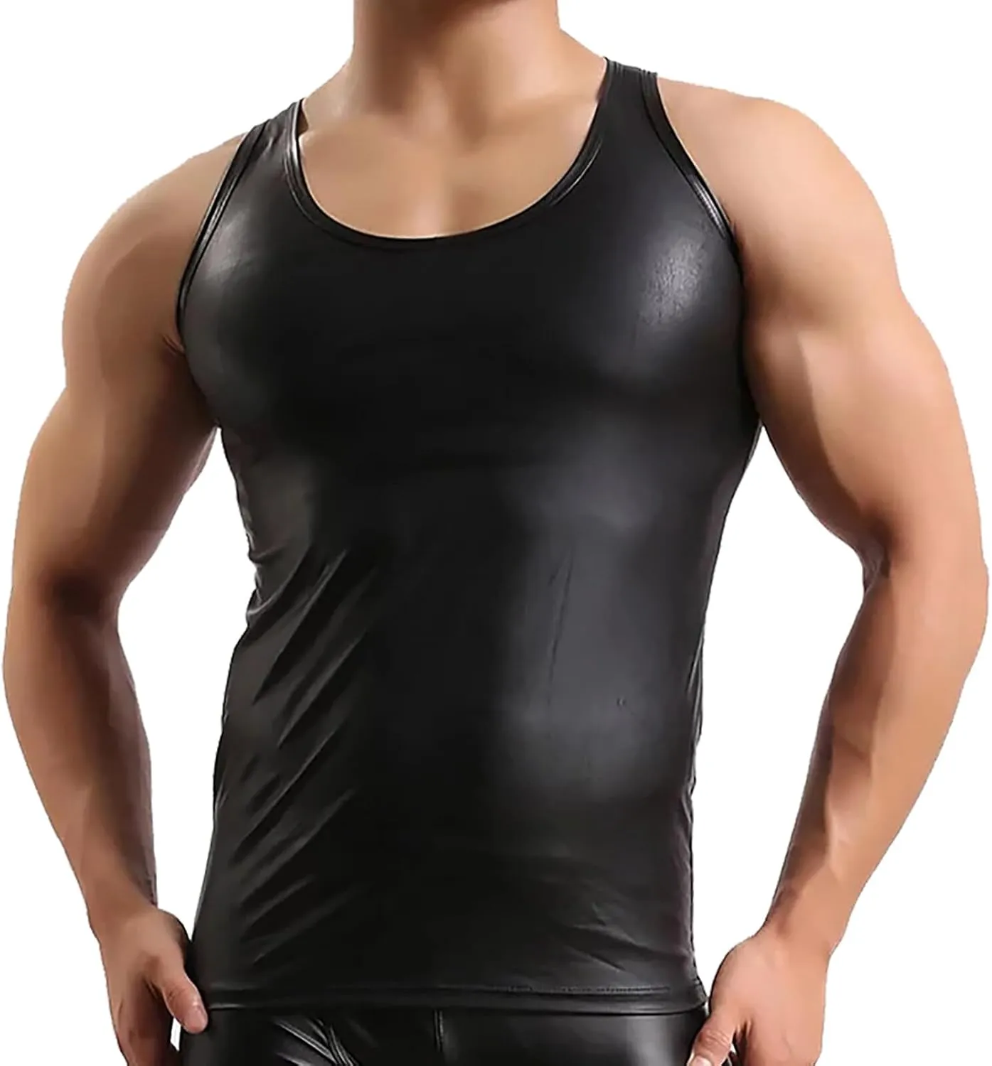FEOYA Leather Shirt Men Shiny Slim Fit Tank Top Sexy Faux Leather Latex Clothing Wetlook Club Party Undershirts