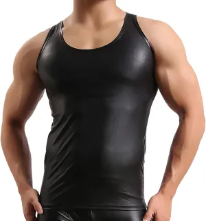 FEOYA Leather Shirt Men Shiny Slim Fit Tank Top Sexy Faux Leather Latex Clothing Wetlook Club Party Undershirts