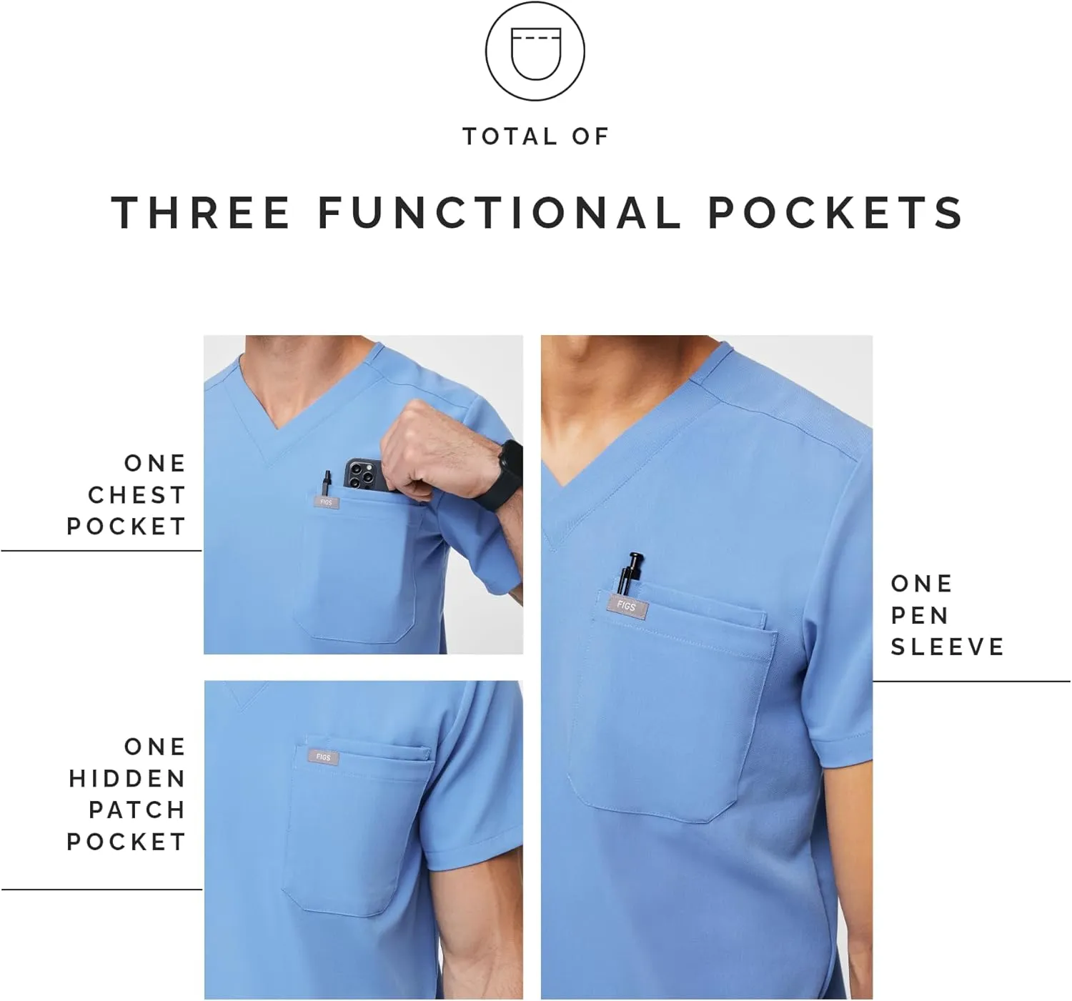 FIGS Leon Scrub Top for Men  3 Pockets, Tailored Fit, Modern V-Neck, 4-Way Stretch, Moisture-Wicking Men's Scrubs