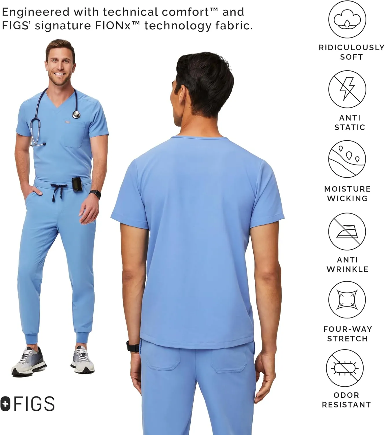 FIGS Leon Scrub Top for Men  3 Pockets, Tailored Fit, Modern V-Neck, 4-Way Stretch, Moisture-Wicking Men's Scrubs