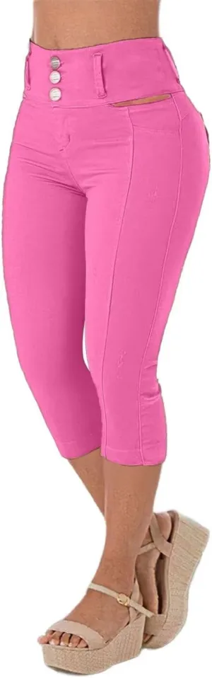 Flamingals Women's High Waist Capris Pants for Women Cut Out Waist Skinny Capris Denim Pants