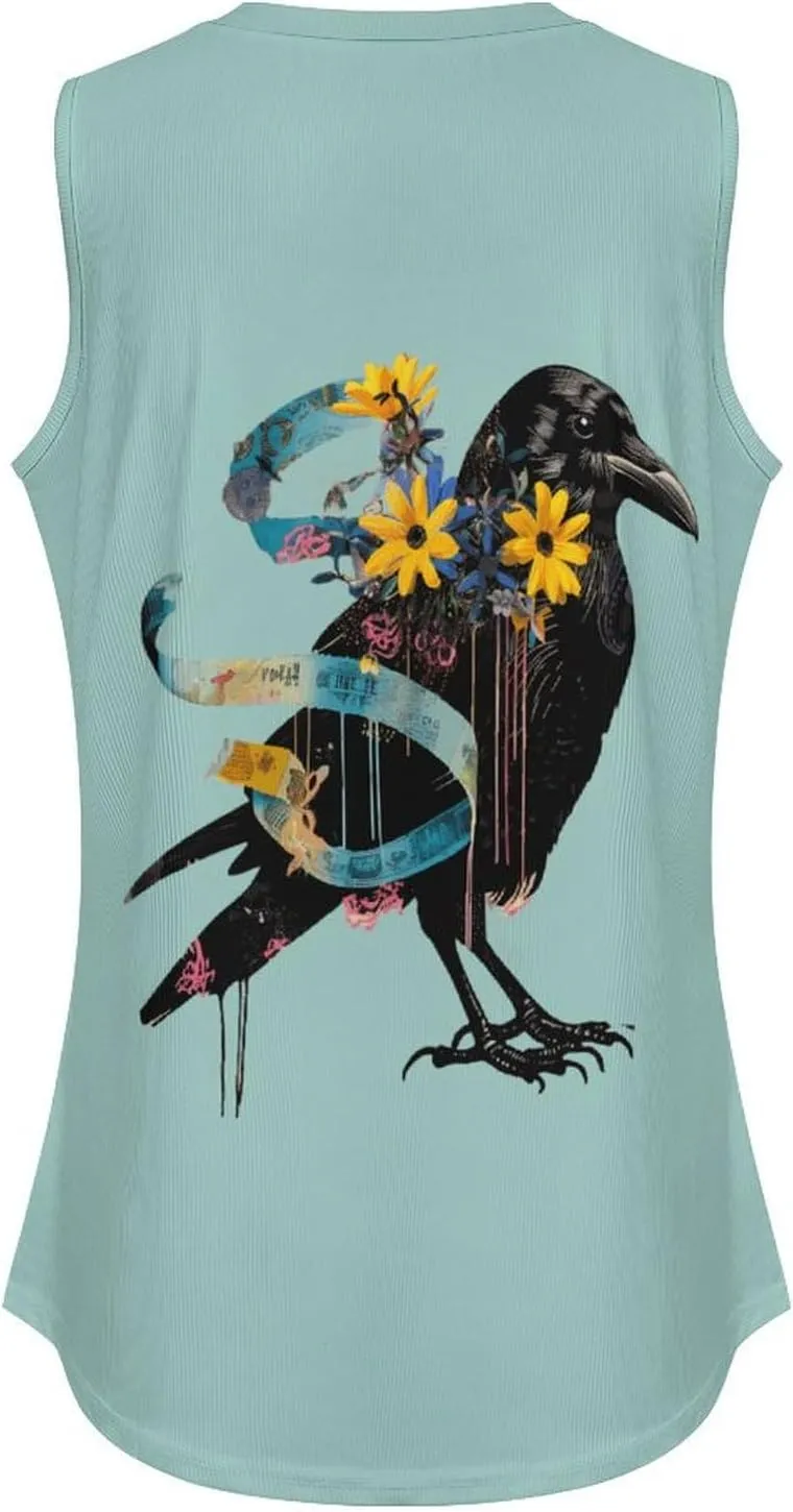 Floral Black Raven Blue Ribbon Women's Tank Tops V Neck Sleeveless Shirts Casual Summer Tunic Tee