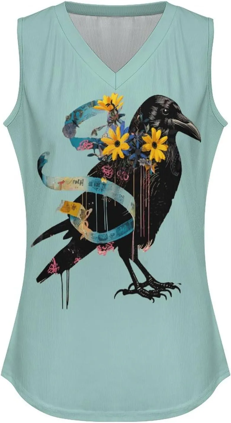 Floral Black Raven Blue Ribbon Women's Tank Tops V Neck Sleeveless Shirts Casual Summer Tunic Tee