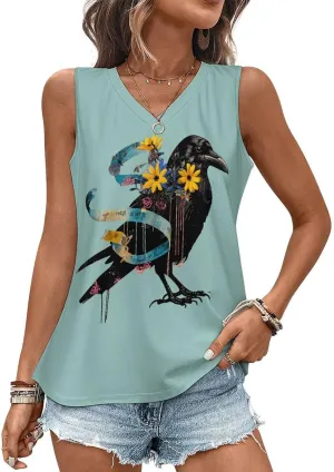 Floral Black Raven Blue Ribbon Women's Tank Tops V Neck Sleeveless Shirts Casual Summer Tunic Tee