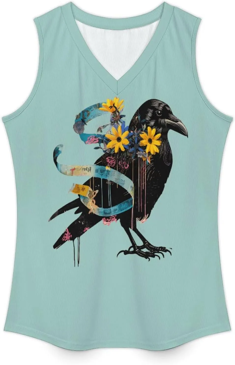 Floral Black Raven Blue Ribbon Women's Tank Tops V Neck Sleeveless Shirts Casual Summer Tunic Tee