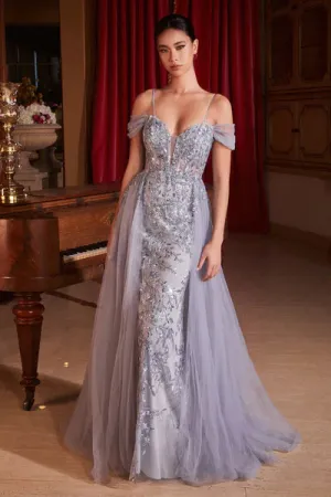 Fog Grey Embellished Off The Shoulder Fitted Gown