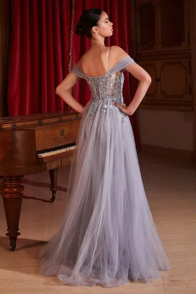 Fog Grey Embellished Off The Shoulder Fitted Gown
