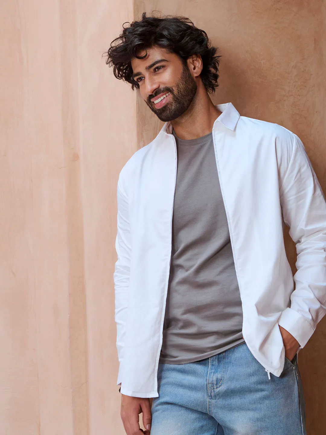 Front Zipper Premium Satin White Shirt - Unwinder