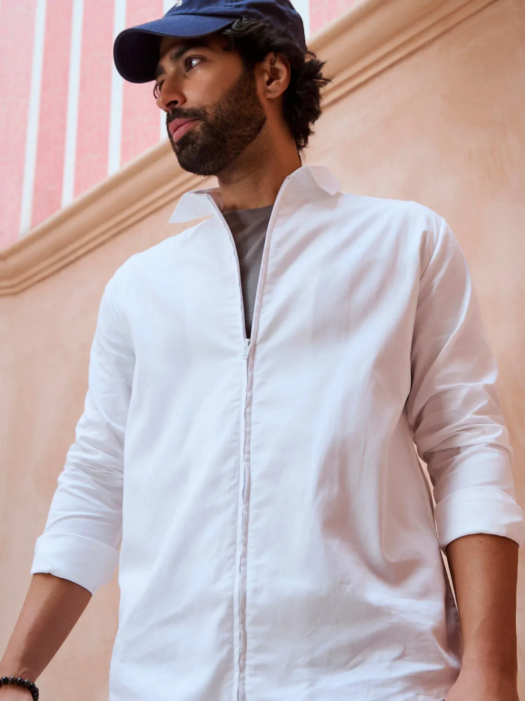 Front Zipper Premium Satin White Shirt - Unwinder