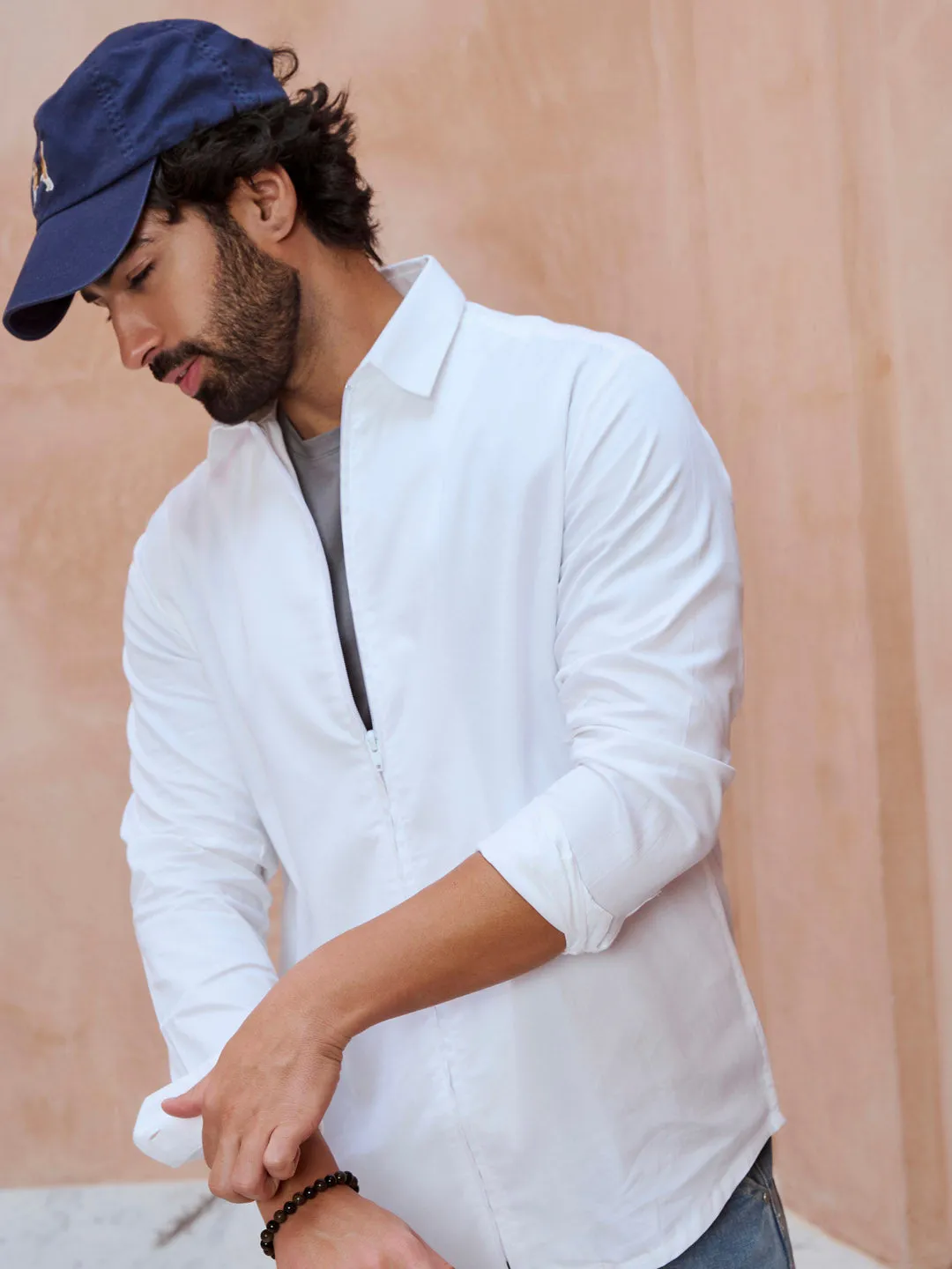 Front Zipper Premium Satin White Shirt - Unwinder