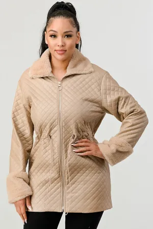 FUZZY FUR FAUX LEATHER QUILTED ZIPUP JACKETS