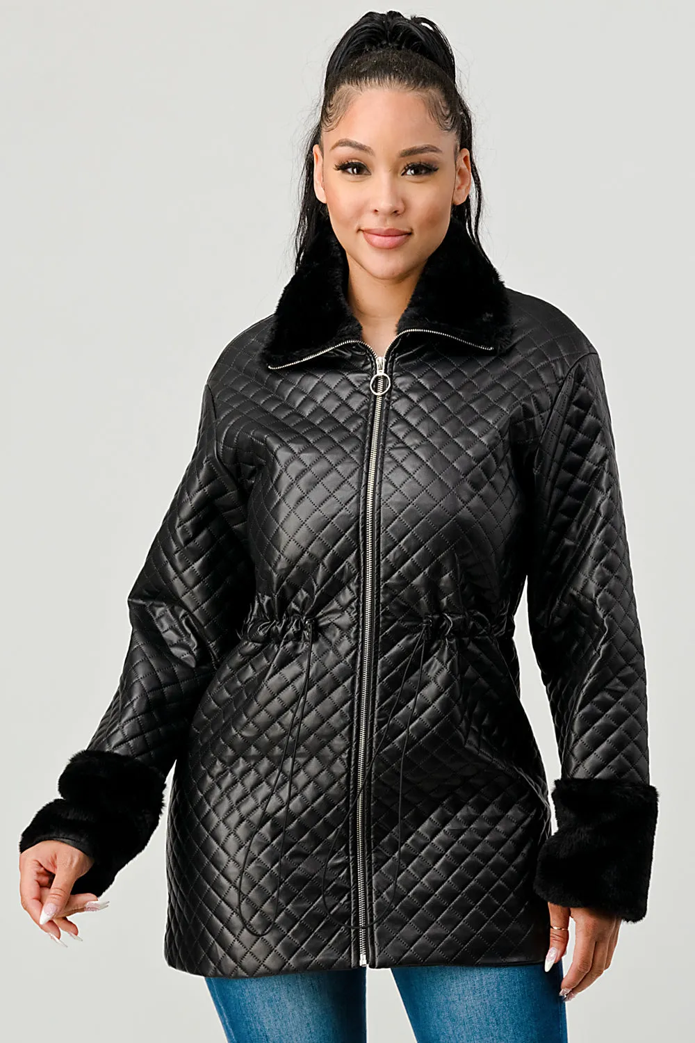 FUZZY FUR FAUX LEATHER QUILTED ZIPUP JACKETS