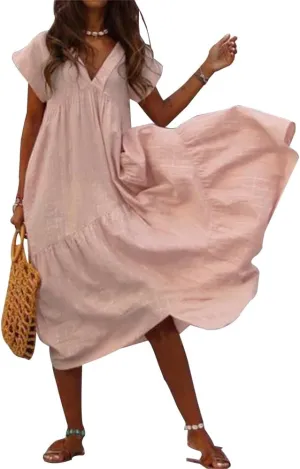 Gauze Dress for Women Cotton Linen Maxi Dress Plus Size Summer Casual Midi Dresses for Women 2024 Cotton Pink Tiered Ruffle Dress,Light Pink,L