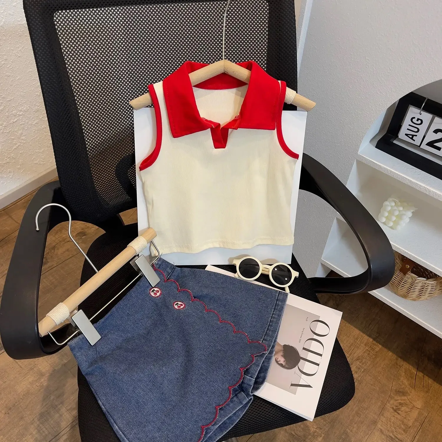 Girls Summer Wear Top With Denim Skirt 2 Pcs Set