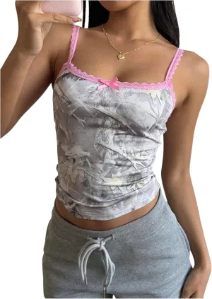 GORGLITTER Women's Camo Print Bow Cami Top Lace Trim Spaghetti Strap Camisole Tops
