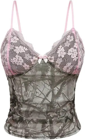 GORGLITTER Women's Camo Y2K Crop Tank Top Lace Spaghetti Strap Vintage Camisole Tops