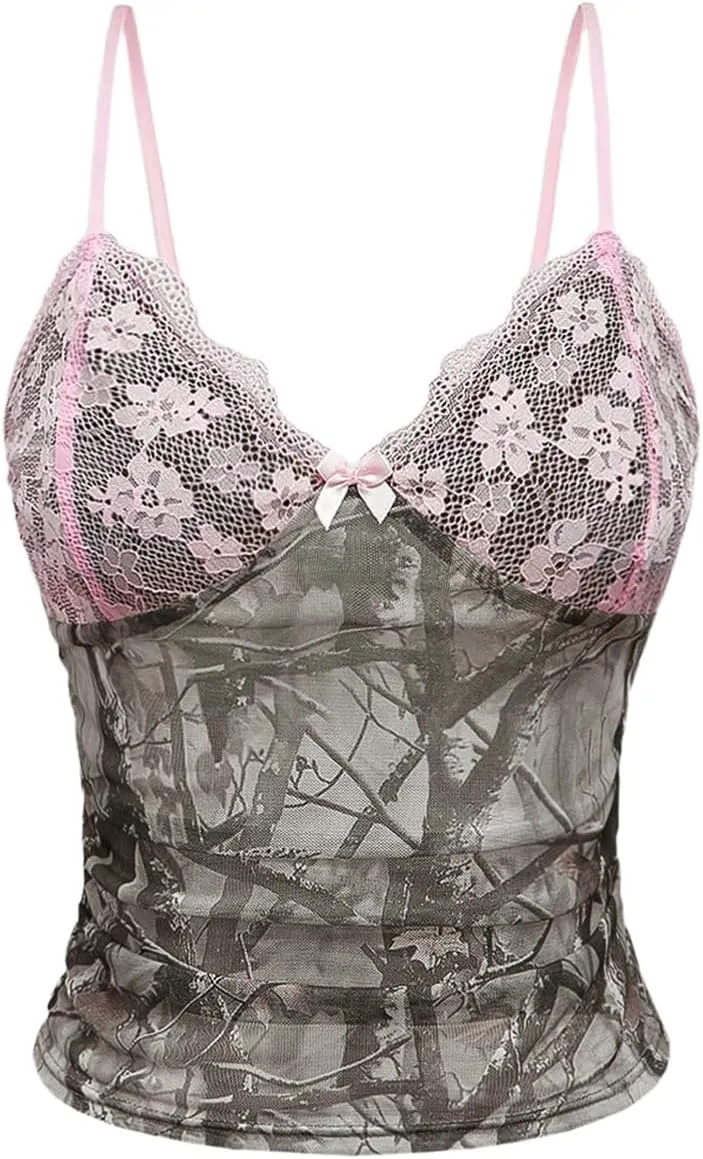 GORGLITTER Women's Camo Y2K Crop Tank Top Lace Spaghetti Strap Vintage Camisole Tops