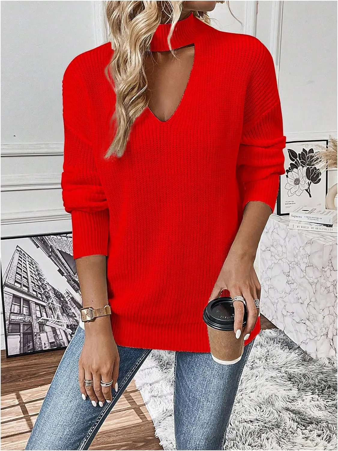 GORGLITTER Women's Cut Out Oversized Lighweight Sweater V Neck Long Sleeve Sexy Trendy 2024 Causal Pullover Tops
