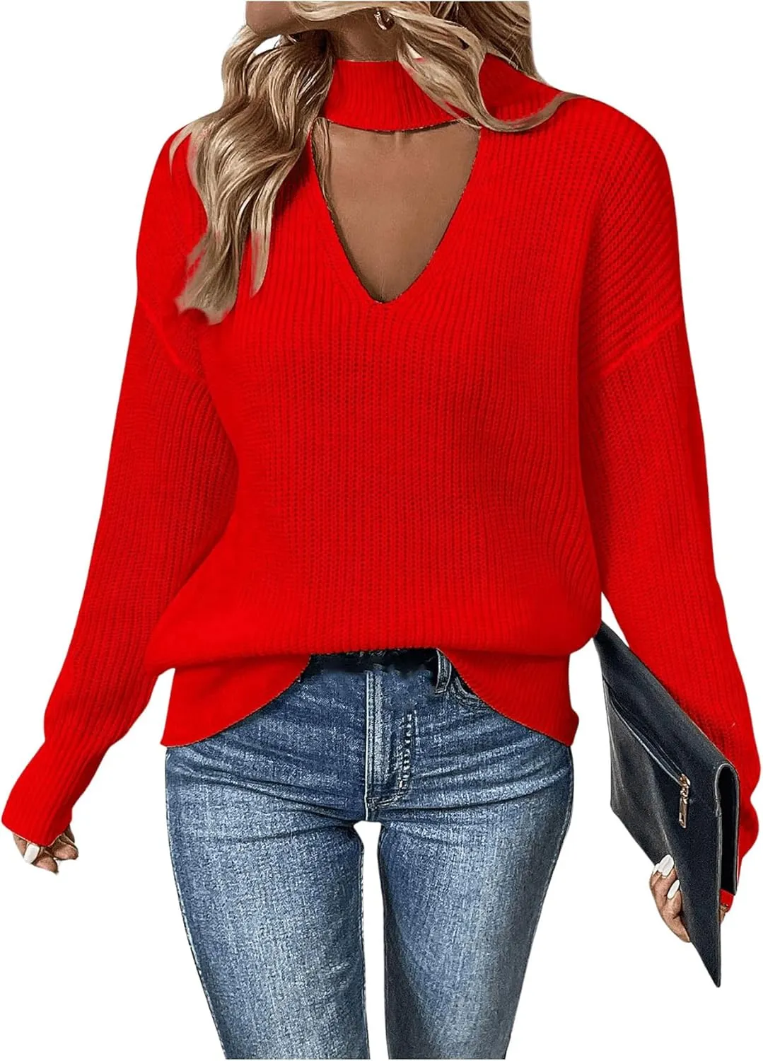 GORGLITTER Women's Cut Out Oversized Lighweight Sweater V Neck Long Sleeve Sexy Trendy 2024 Causal Pullover Tops