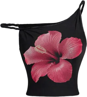 GORGLITTER Women's Flower Camisole Top Asymmetrical Neck Floral Sleeveless Going Out Cropped Tops
