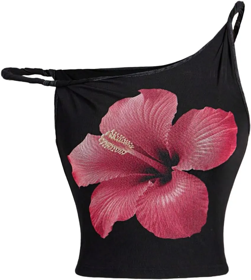 GORGLITTER Women's Flower Camisole Top Asymmetrical Neck Floral Sleeveless Going Out Cropped Tops