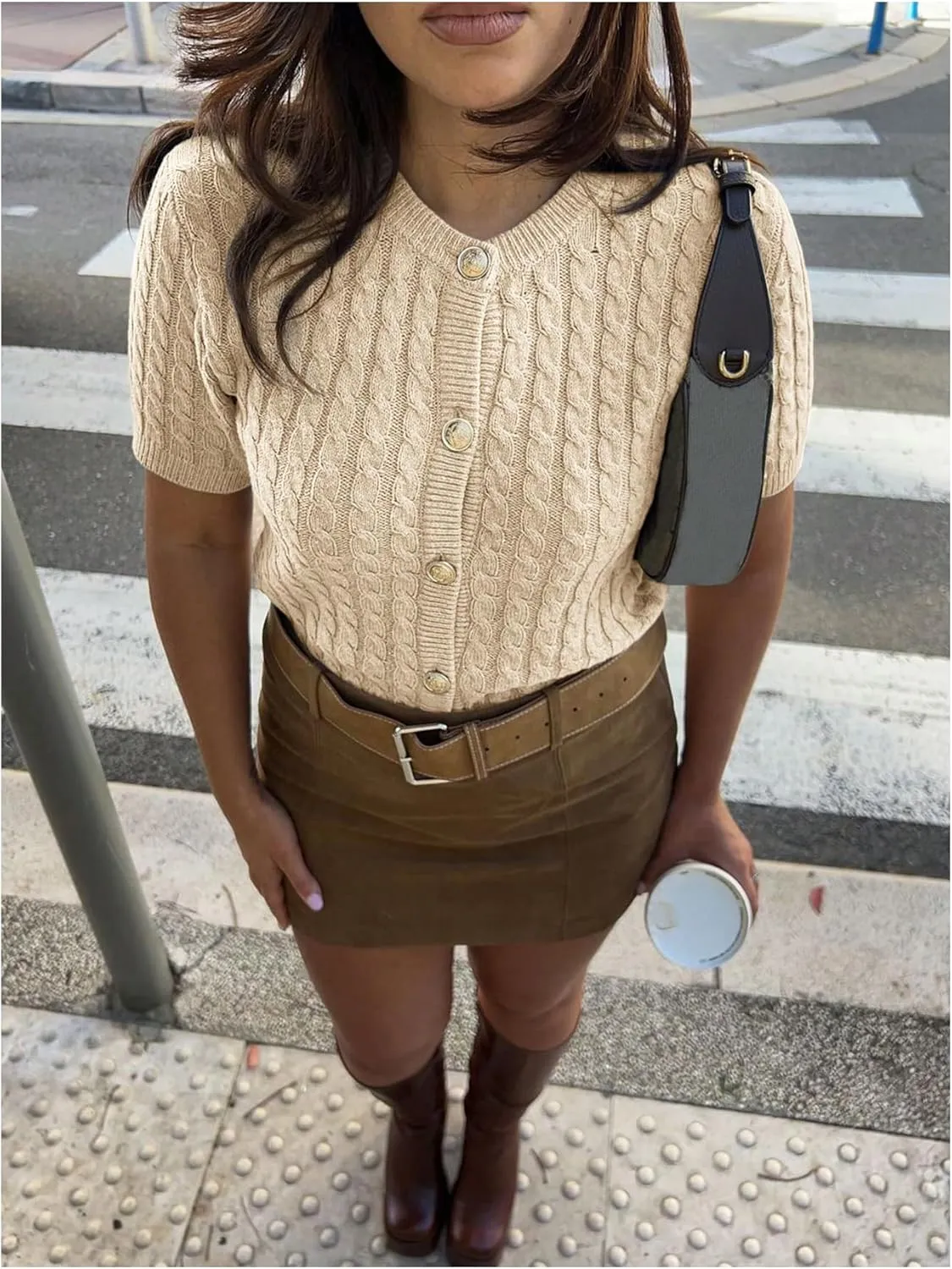 GORGLITTER Women's Short Sleeve Cable Knit Cardigan Sweater Button Down Basic Crewneck Going Out Knitted Tops