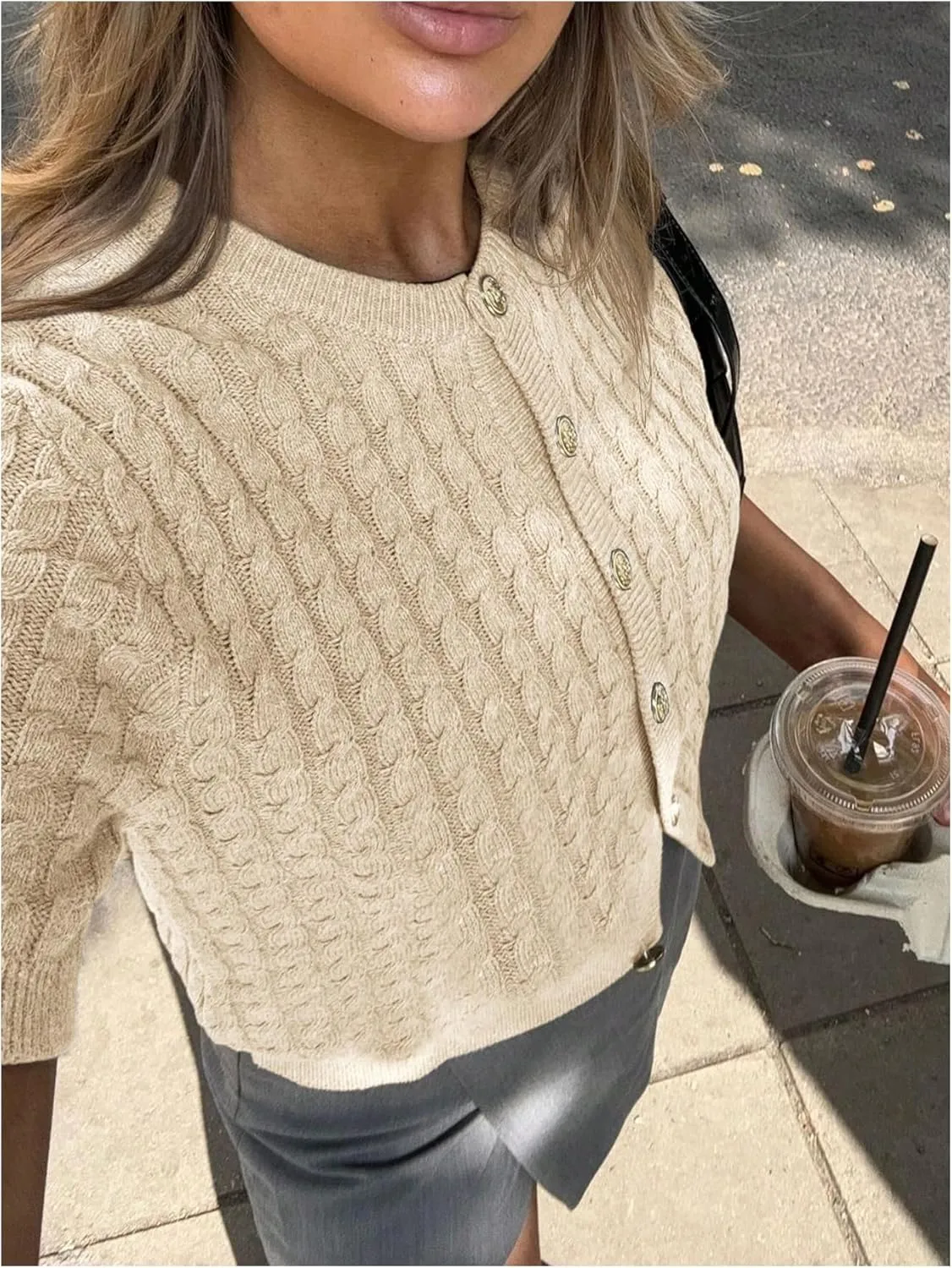 GORGLITTER Women's Short Sleeve Cable Knit Cardigan Sweater Button Down Basic Crewneck Going Out Knitted Tops