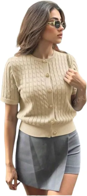GORGLITTER Women's Short Sleeve Cable Knit Cardigan Sweater Button Down Basic Crewneck Going Out Knitted Tops