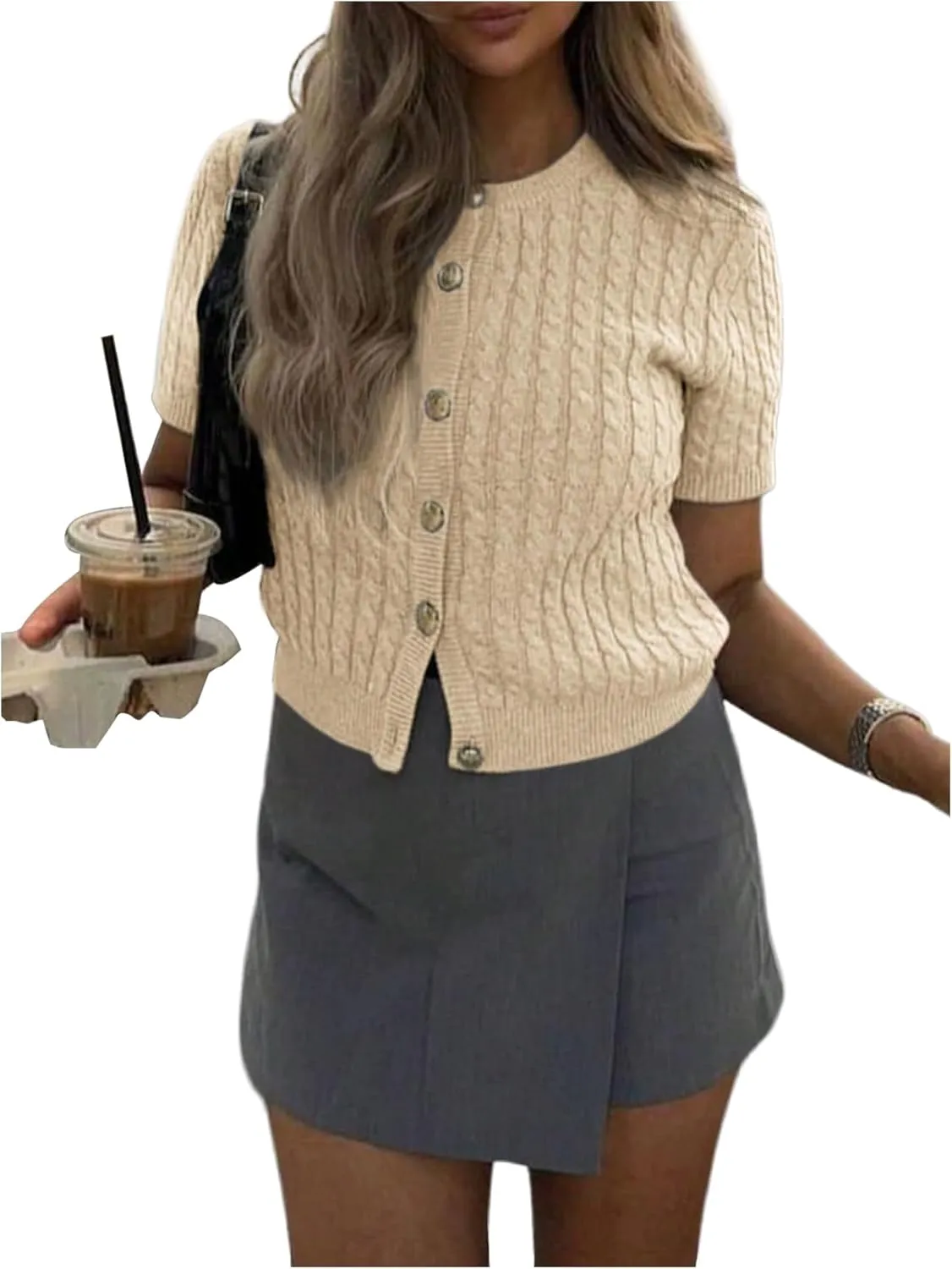 GORGLITTER Women's Short Sleeve Cable Knit Cardigan Sweater Button Down Basic Crewneck Going Out Knitted Tops
