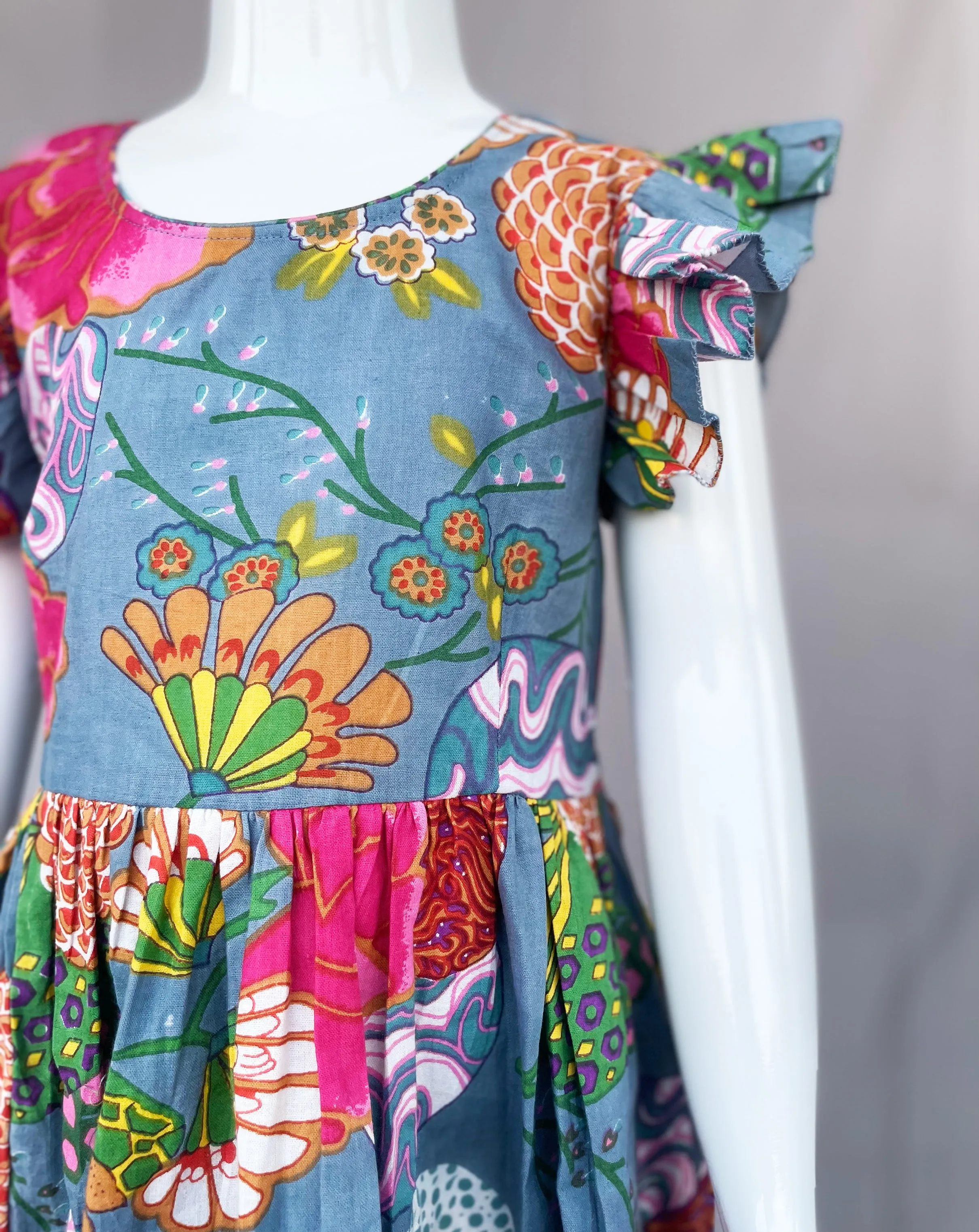 Grey Floral Pure Cotton Dress for Kids, Summer wear for Girls, Grey Frock for Girl Child