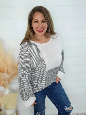 GREY MULTI BLOCK TIE BACK SWEATER
