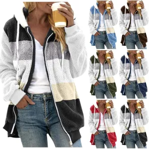 Gumipy Fleece Jacket Women Plus Size Hooded Sherpa Jacket Coat Fuzzy Color Block Patchwork Zip Up Jackets Hoodie with Pockets