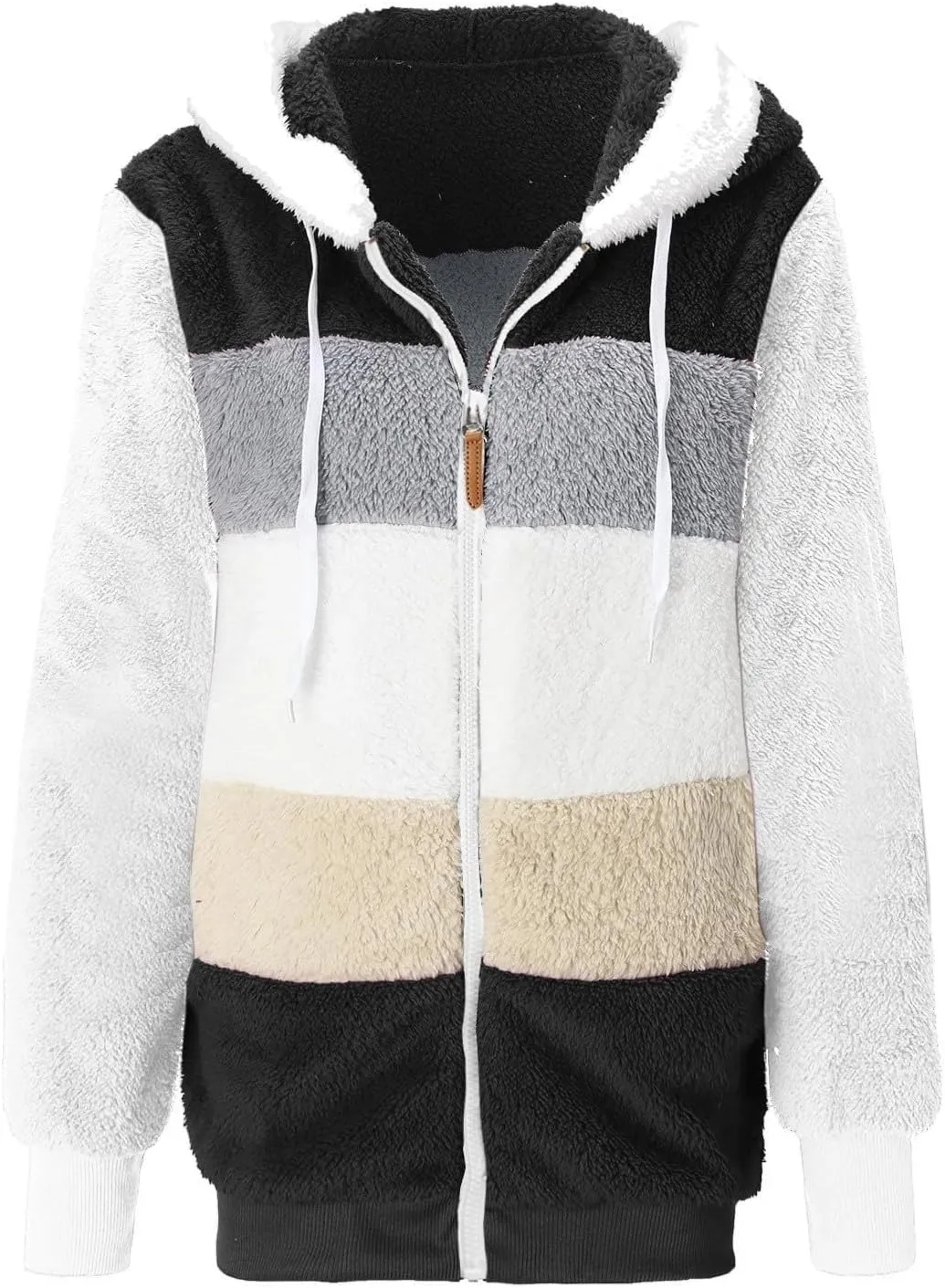 Gumipy Fleece Jacket Women Plus Size Hooded Sherpa Jacket Coat Fuzzy Color Block Patchwork Zip Up Jackets Hoodie with Pockets