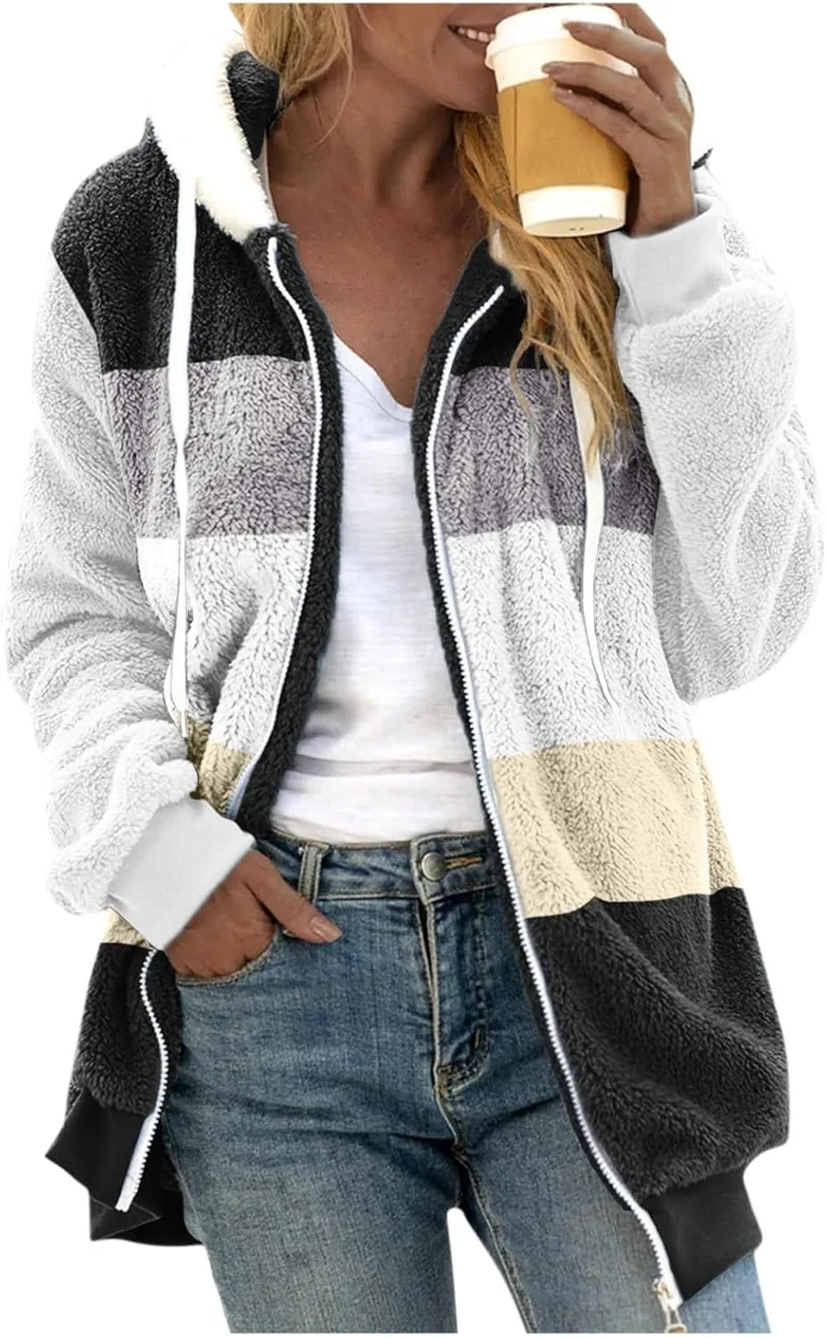 Gumipy Fleece Jacket Women Plus Size Hooded Sherpa Jacket Coat Fuzzy Color Block Patchwork Zip Up Jackets Hoodie with Pockets