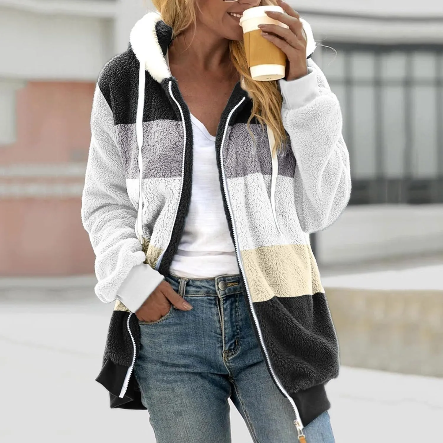 Gumipy Fleece Jacket Women Plus Size Hooded Sherpa Jacket Coat Fuzzy Color Block Patchwork Zip Up Jackets Hoodie with Pockets