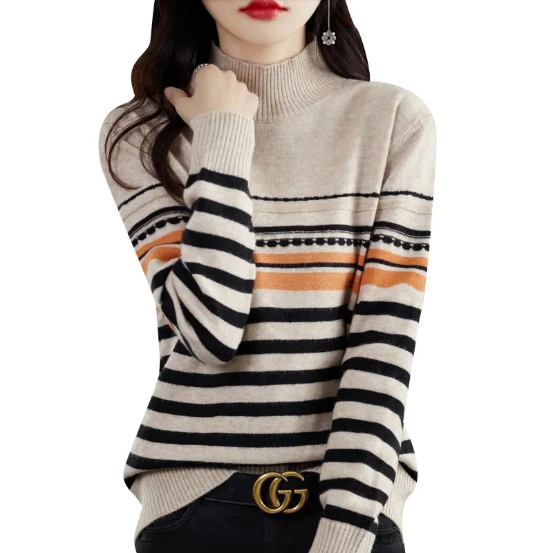 Half-high Collar Color Strip Pullover Casual Knit Base Shirt Warm Top
