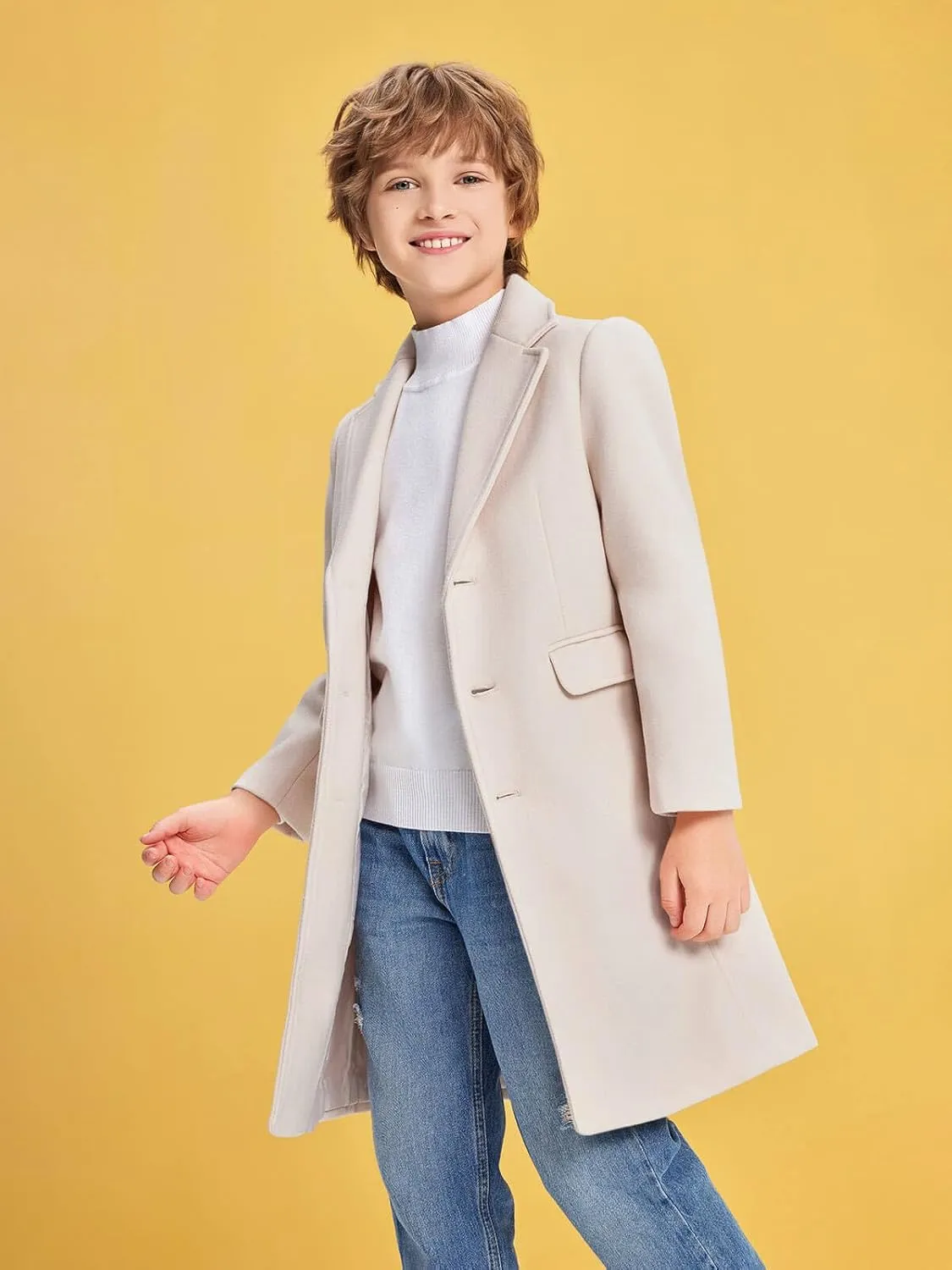 Haloumoning Boys Casual Trench Coat Kids Winter Notch Lapel Long Jacket Single Breasted Pea Coat with Pockets 4-14Y