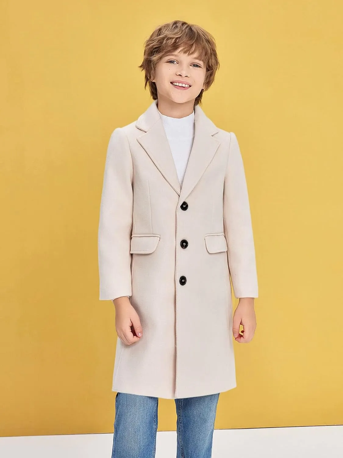 Haloumoning Boys Casual Trench Coat Kids Winter Notch Lapel Long Jacket Single Breasted Pea Coat with Pockets 4-14Y