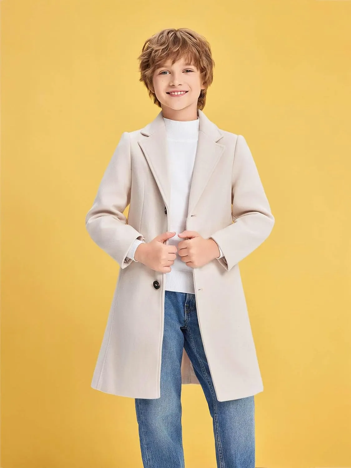Haloumoning Boys Casual Trench Coat Kids Winter Notch Lapel Long Jacket Single Breasted Pea Coat with Pockets 4-14Y