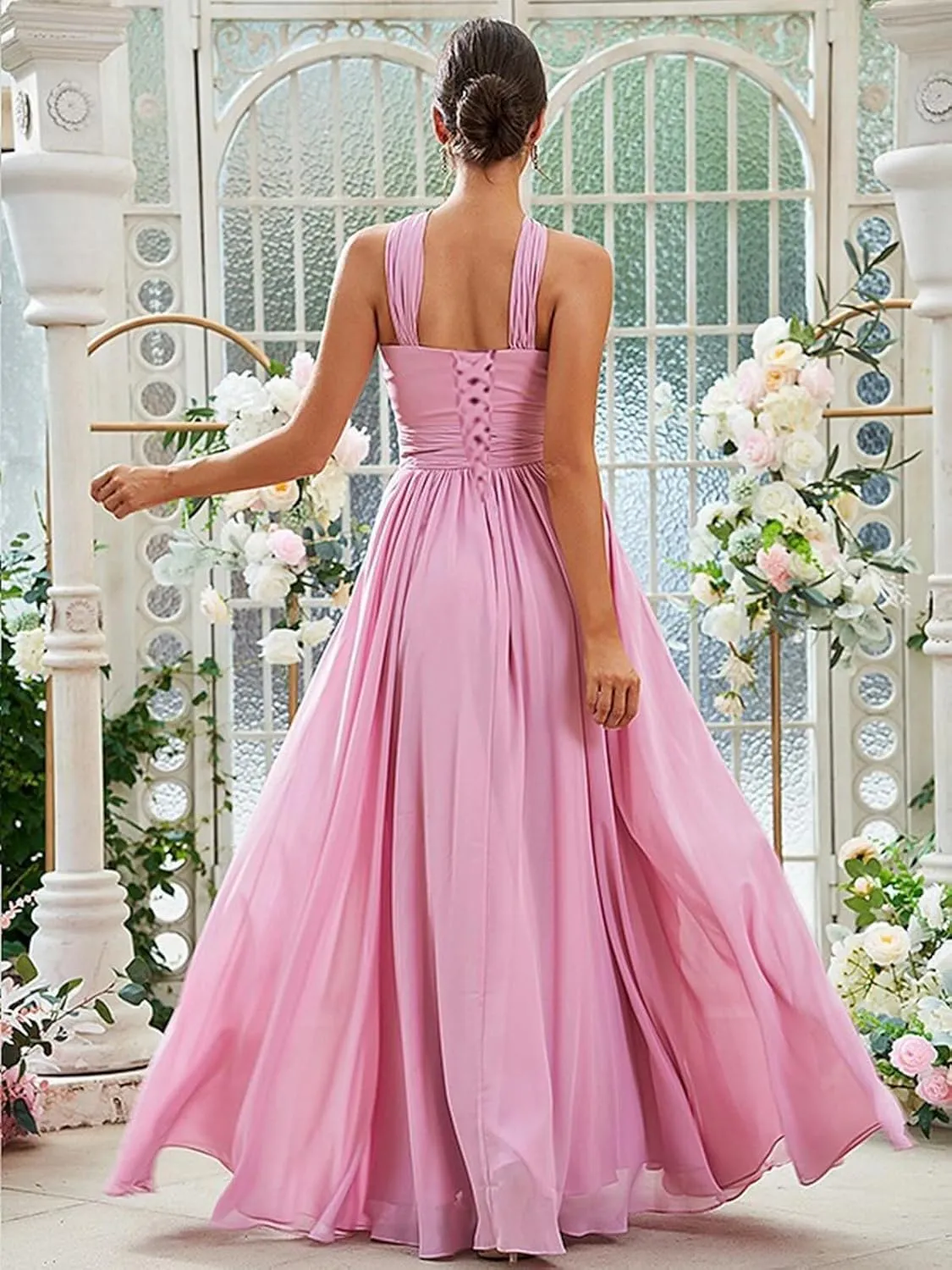 Halter Chiffon Bridesmaid Dresses for Women A Line Formal Gown Ruched Long Evening Dress with Pocket PS531