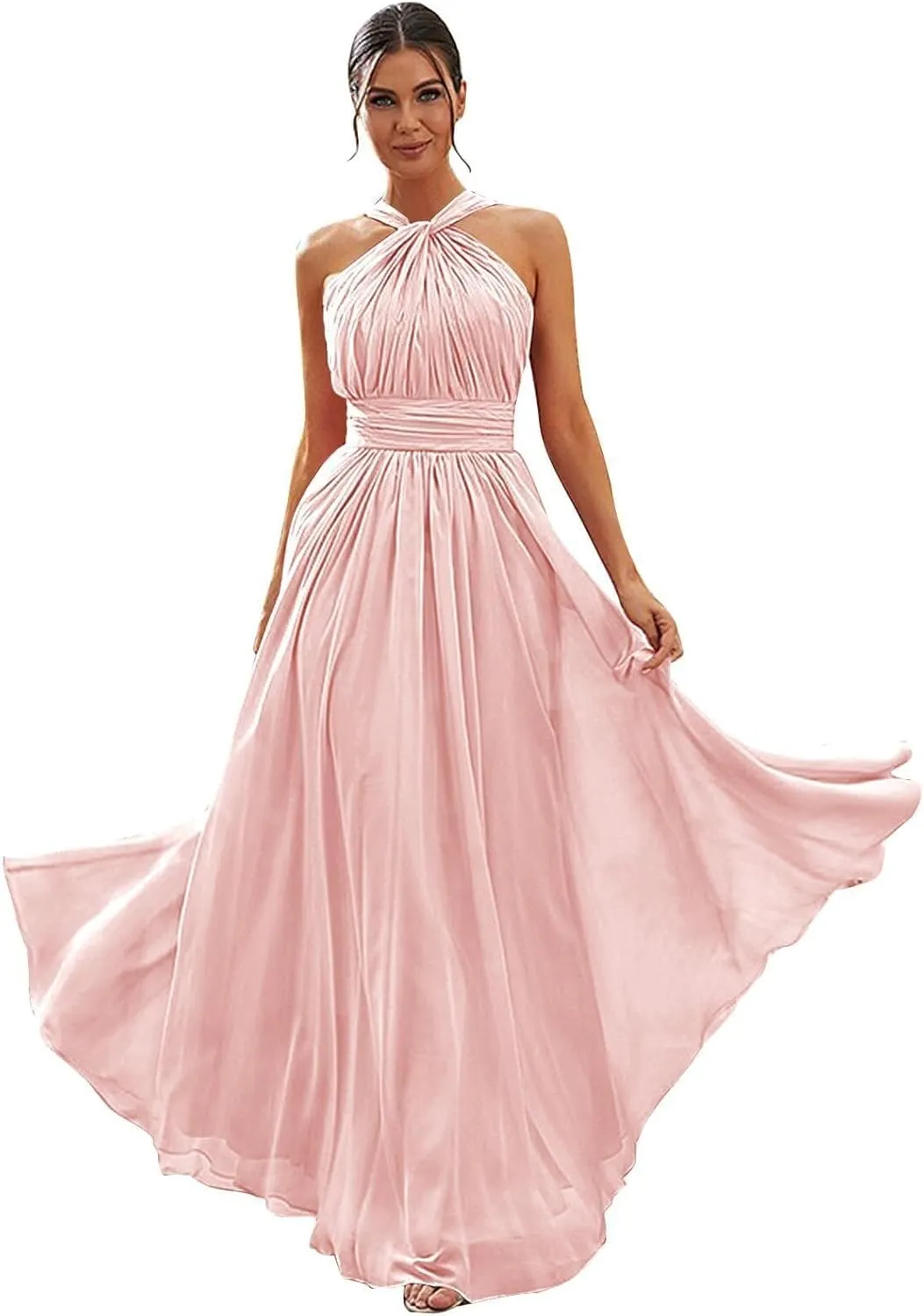 Halter Chiffon Bridesmaid Dresses for Women A Line Formal Gown Ruched Long Evening Dress with Pocket PS531