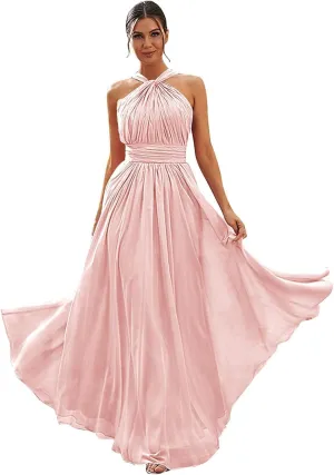 Halter Chiffon Bridesmaid Dresses for Women A Line Formal Gown Ruched Long Evening Dress with Pocket PS531