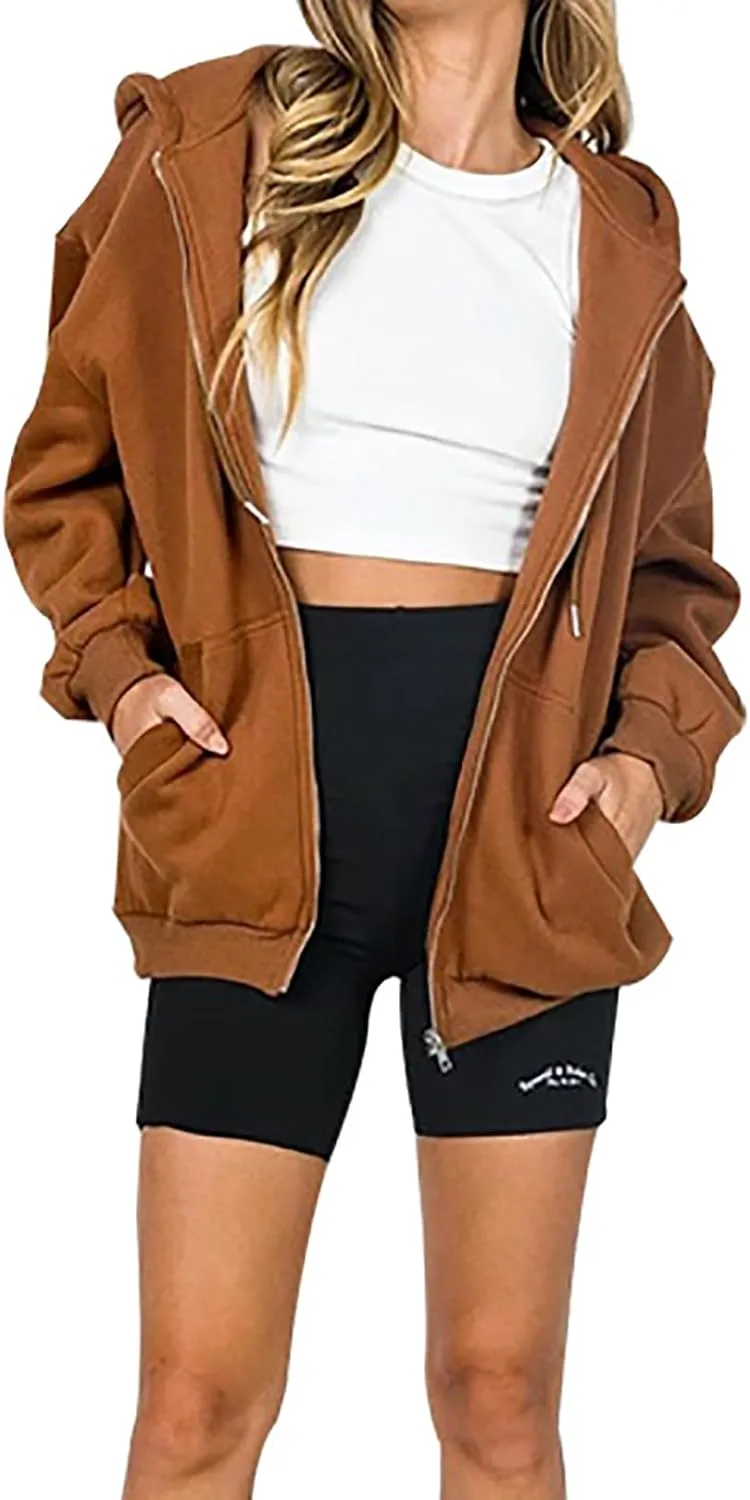 HBER Women's Oversized Zip Up Hoodies Solid Sweatshirts Y2K Clothes Teen Girl Fall Casual Long Sleeve Jackets with Pockets