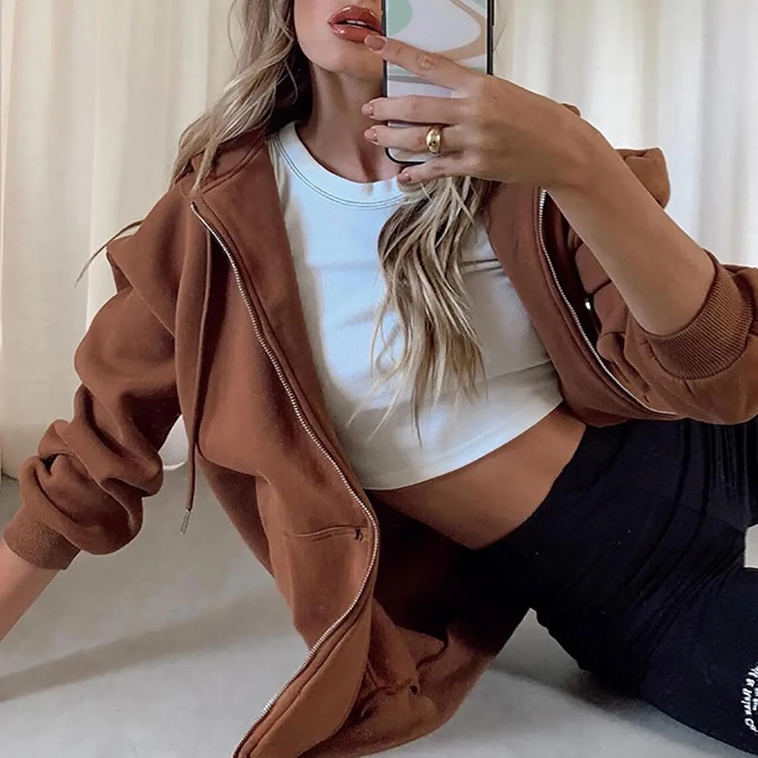 HBER Women's Oversized Zip Up Hoodies Solid Sweatshirts Y2K Clothes Teen Girl Fall Casual Long Sleeve Jackets with Pockets