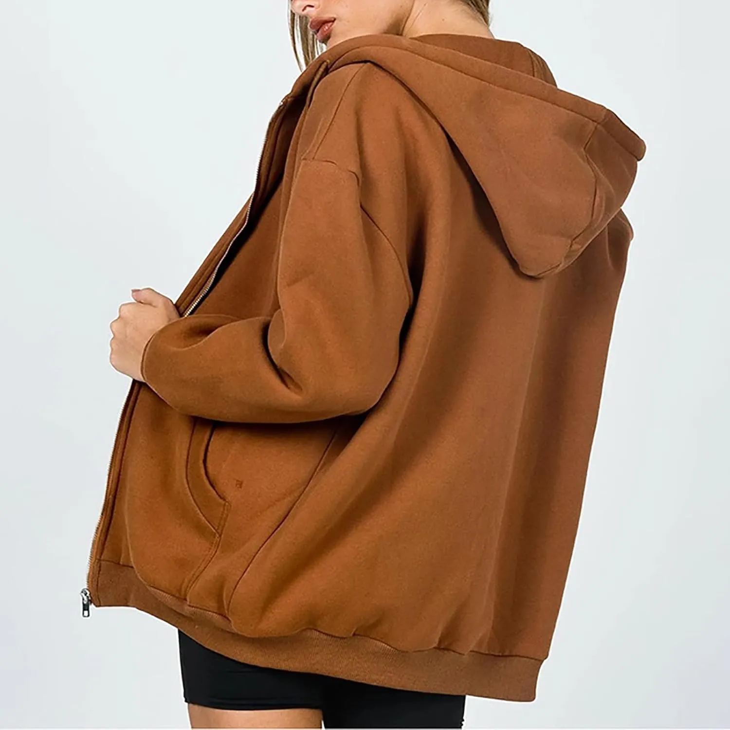 HBER Women's Oversized Zip Up Hoodies Solid Sweatshirts Y2K Clothes Teen Girl Fall Casual Long Sleeve Jackets with Pockets