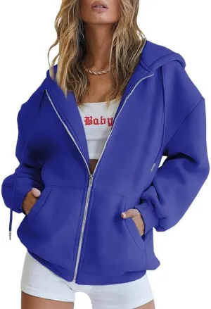 HBER Women's Oversized Zip Up Hoodies Solid Sweatshirts Y2K Clothes Teen Girl Fall Casual Long Sleeve Jackets with Pockets