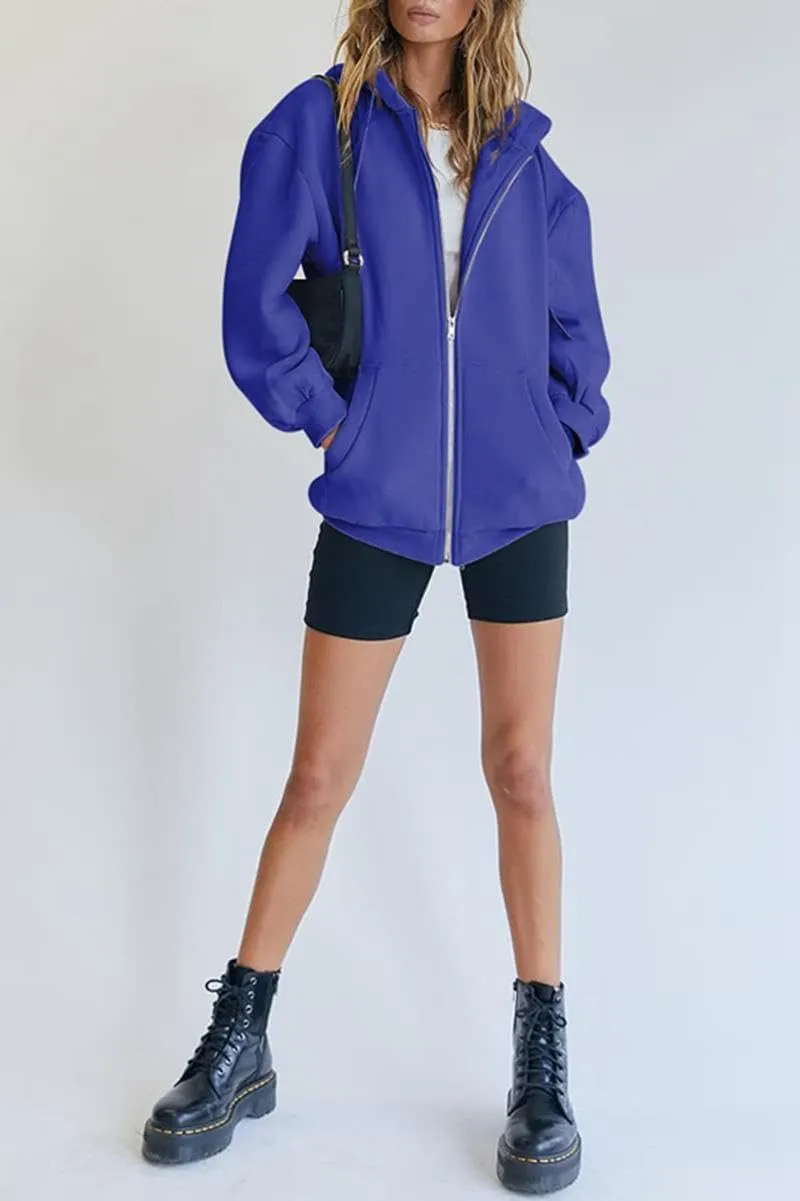 HBER Women's Oversized Zip Up Hoodies Solid Sweatshirts Y2K Clothes Teen Girl Fall Casual Long Sleeve Jackets with Pockets
