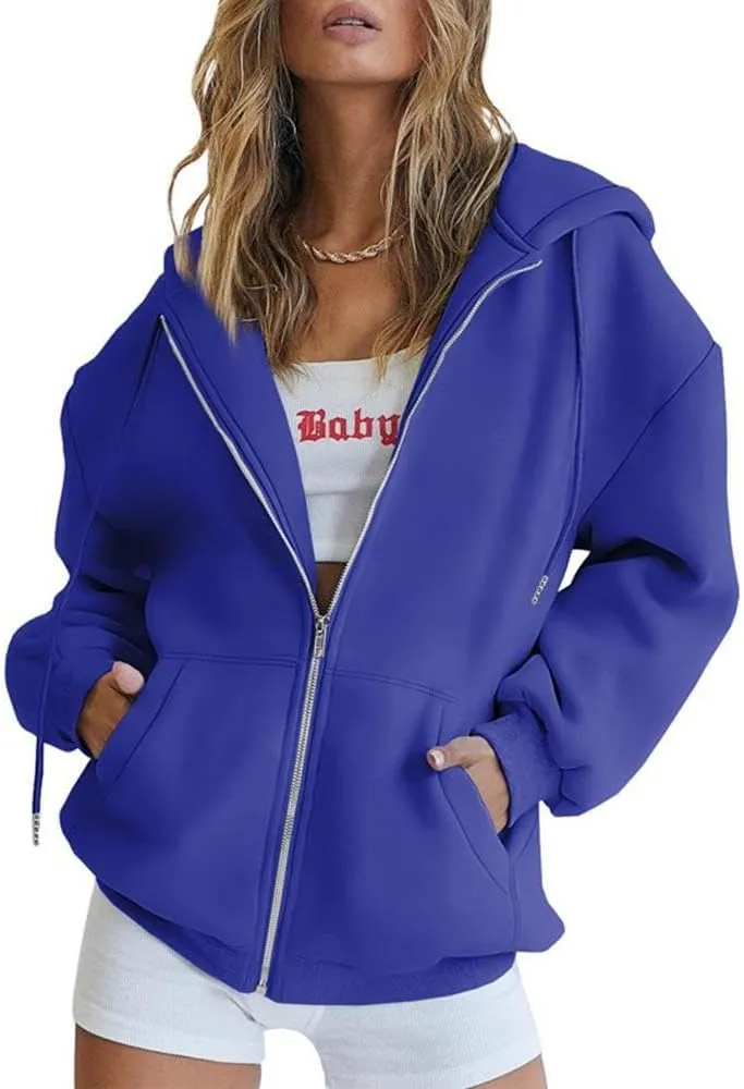 HBER Women's Oversized Zip Up Hoodies Solid Sweatshirts Y2K Clothes Teen Girl Fall Casual Long Sleeve Jackets with Pockets
