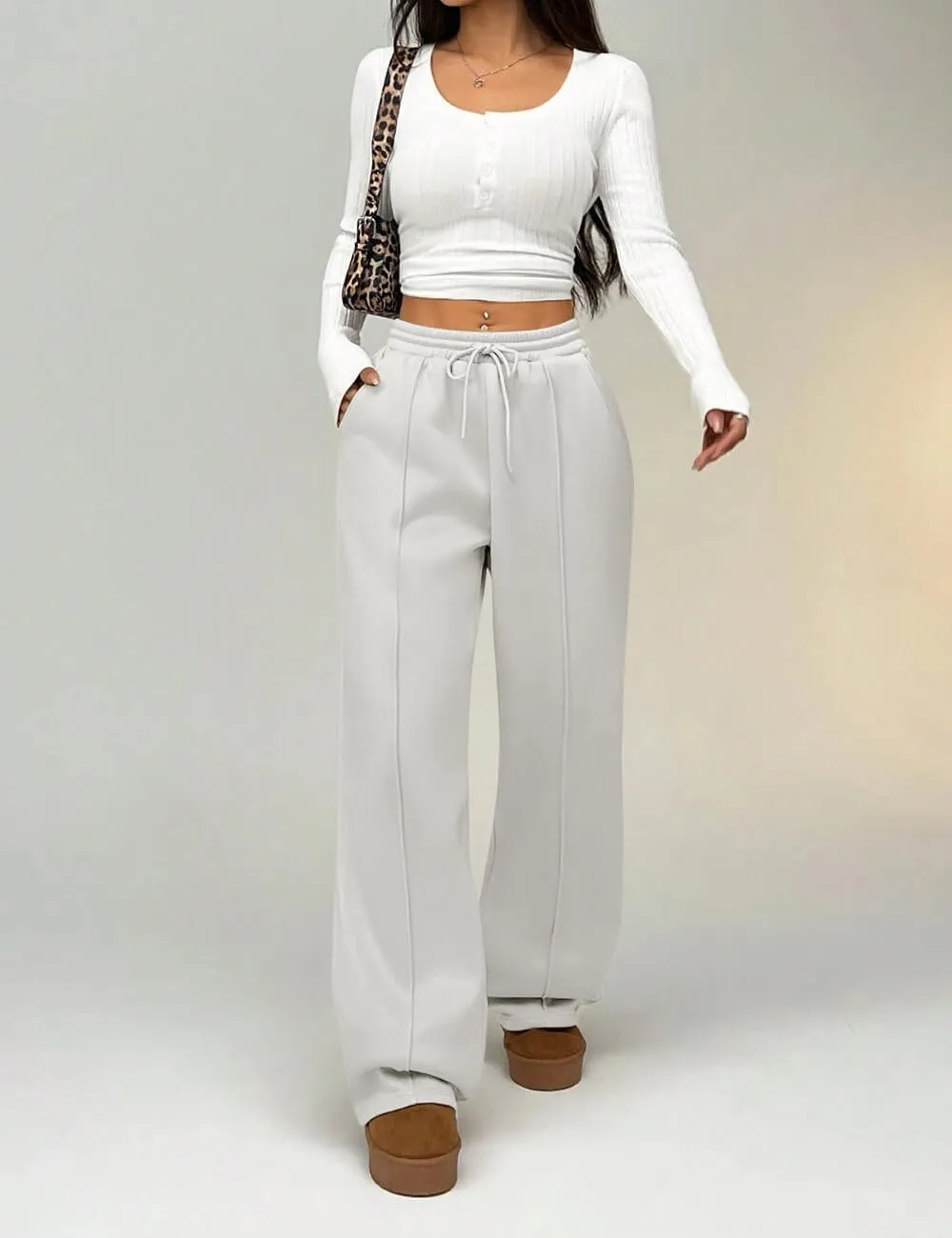 HeSaYep Women's Wide Leg Fleece Sweatpants High Waist Baggy Pants Drawstring Athletic Sweat Pants