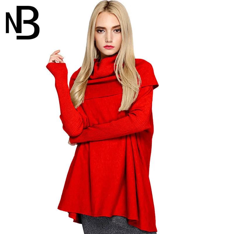 High Neck Long Batwing Sleeves Pure Color Loose Sweater